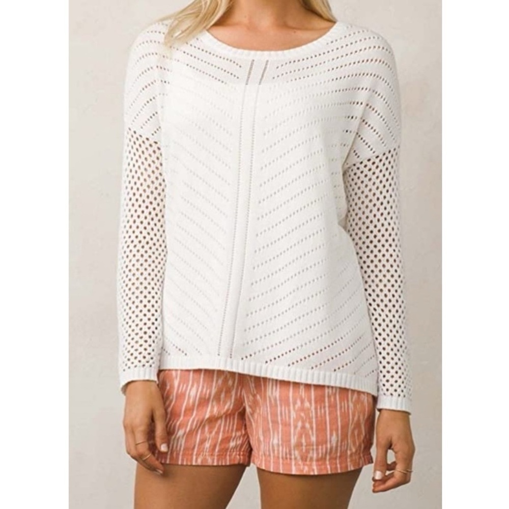 Prana Parker Organic Cotton Perforated Crochet Open Knit Sweater, White - Size S